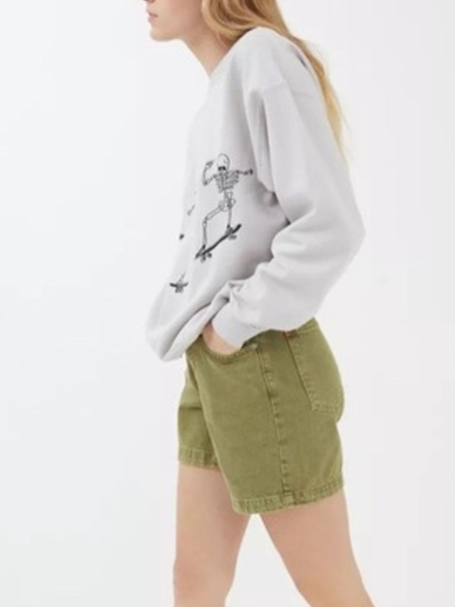 Skeleton Graphic Round Neck Sweatshirt in Light Green with ribbed cuffs
