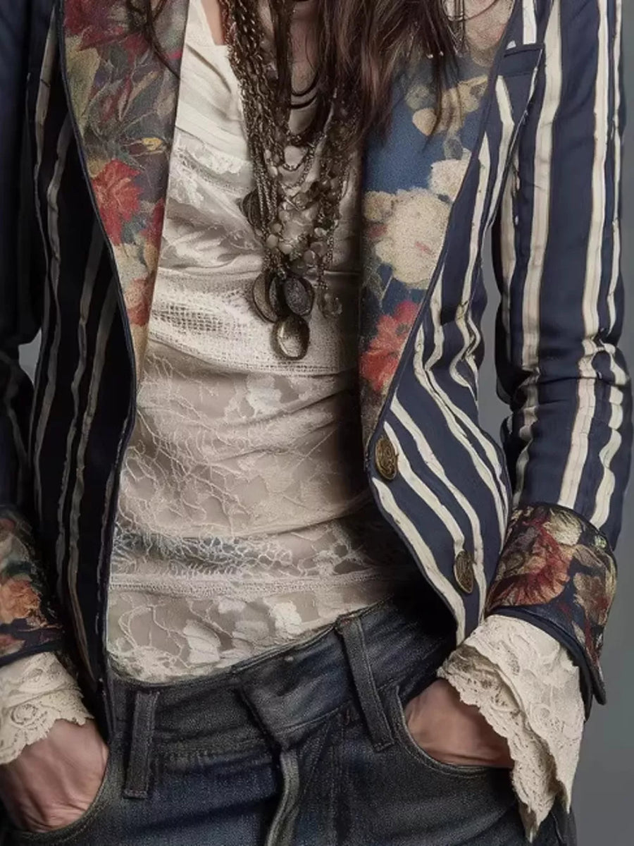 blazer in Blue with striped, floral and buttoned