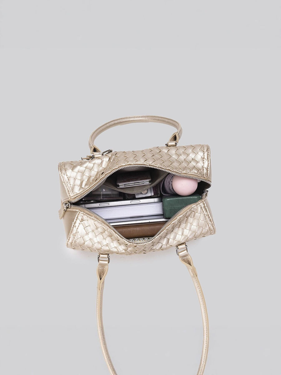 Metallic Woven Texture Shoulder Bag in champagne gold with woven texture