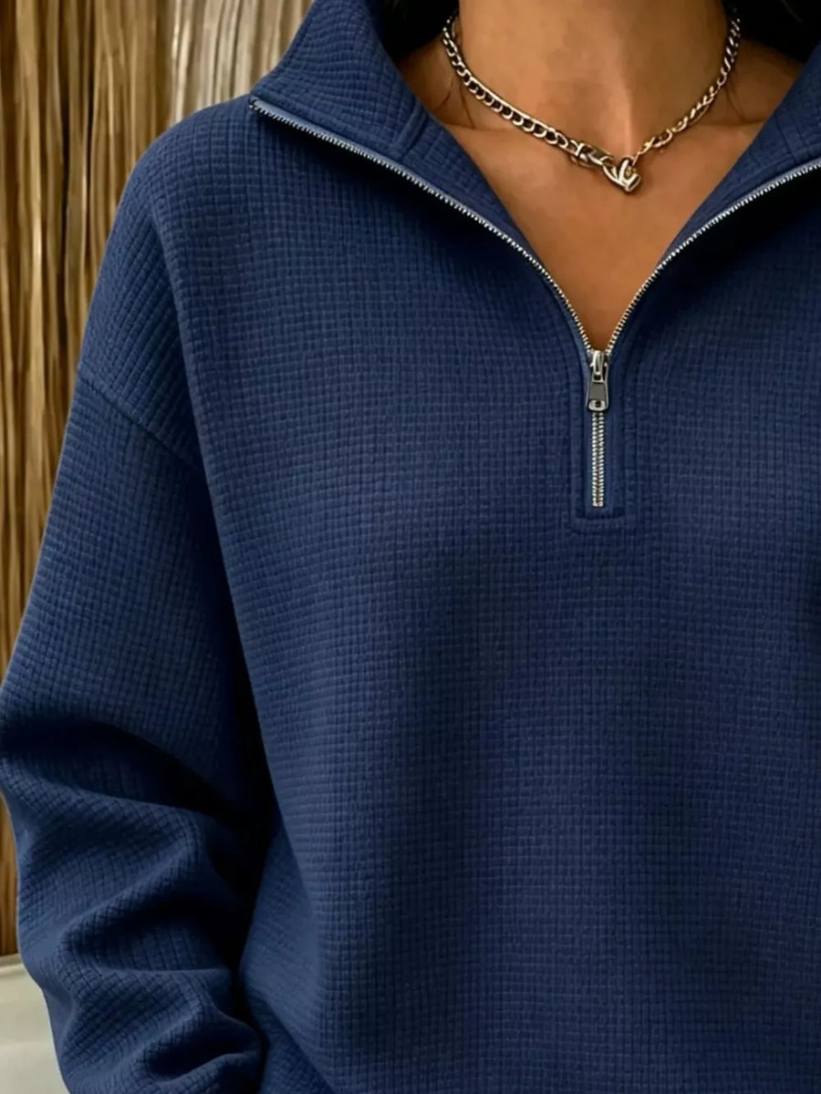 Khaki sweatshirt featuring zipper and waffle knit