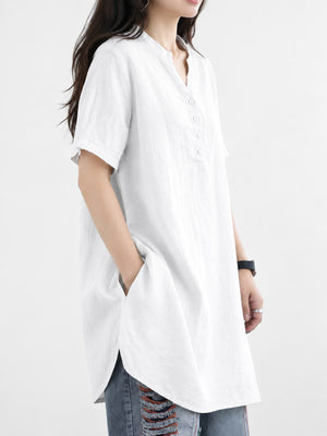 Notched Short Sleeve Oversize Blouse Plus Size in White