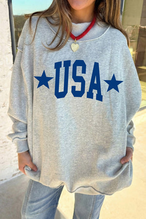 light gray sweatshirt with graphic-print and mock neck
