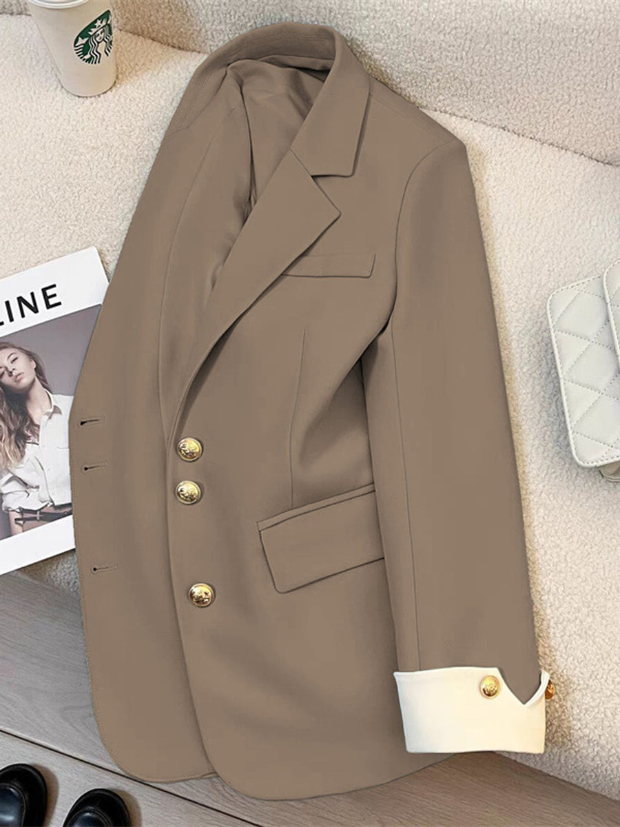 Full Size Single-Breasted Blazer With Gold Buttons in Mustard Yellow with buttoned