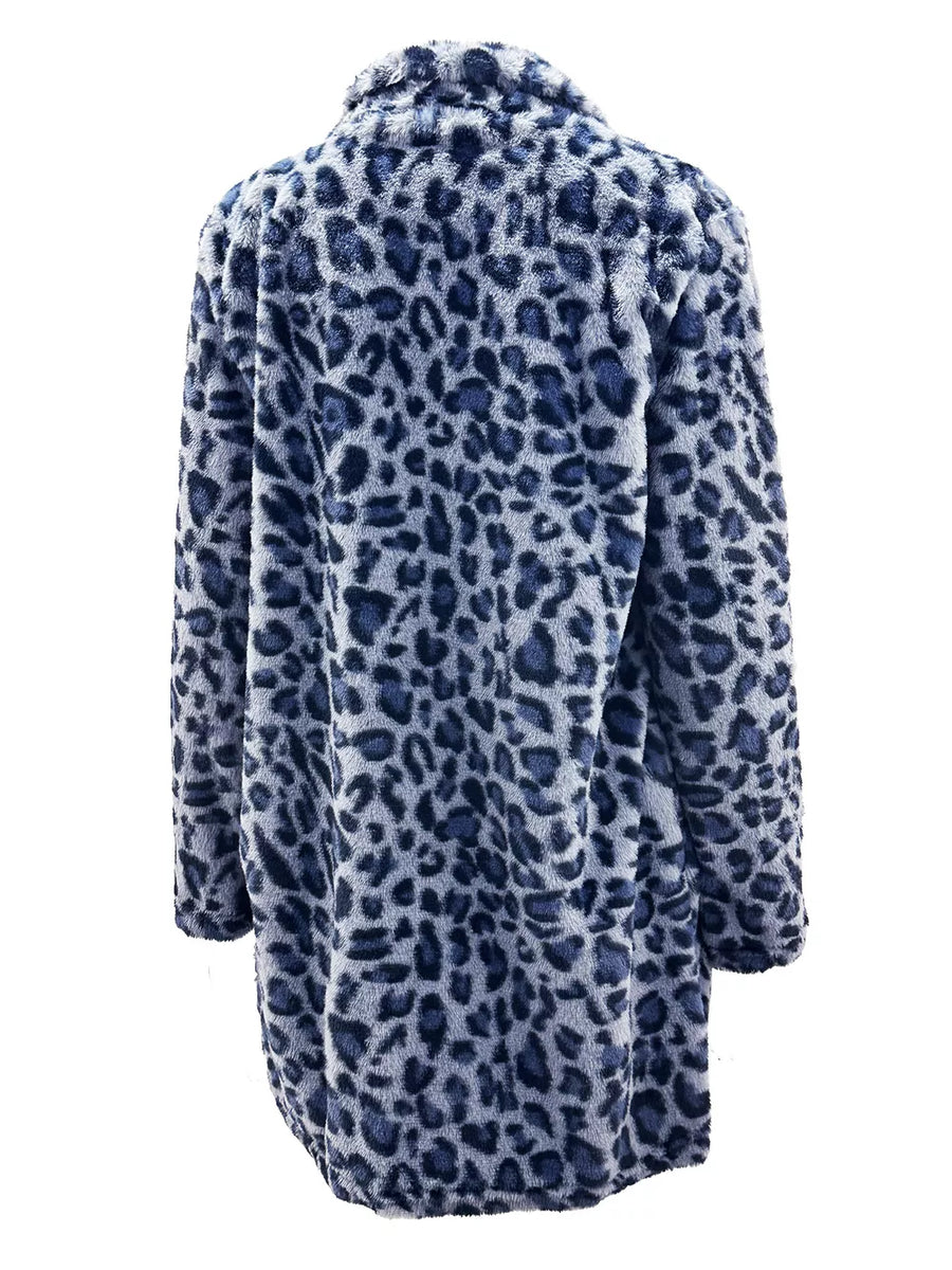 Blue faux fur coat with thigh-length and open-front
