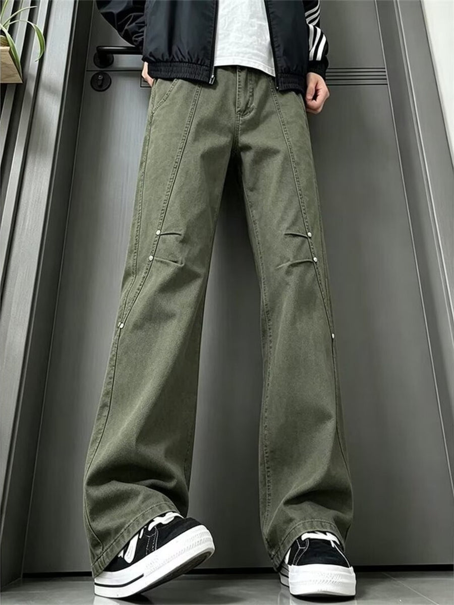 wide-leg jeans in olive green featuring stretch and wide-leg fit