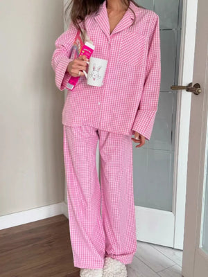 70% cotton, 30% polyester Care instructions: Machine wash cold pajama set in Fuchsia Pink with relaxed silhouette