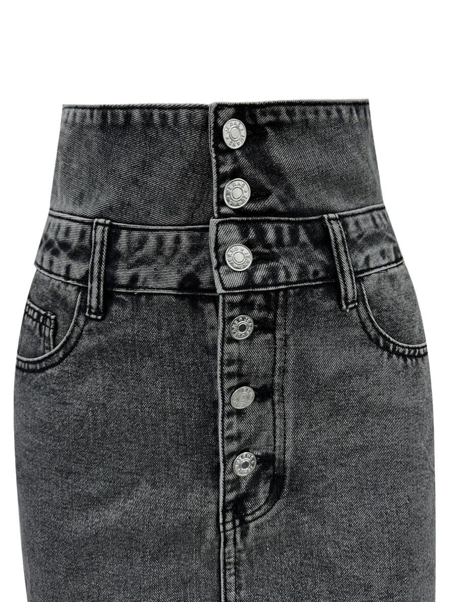Button-front dark gray acid wash denim mini skirt with silver buttons and pockets.