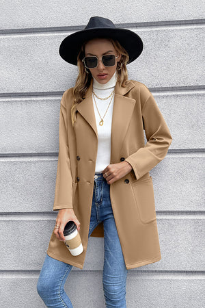 Camel double-breasted soft-drape blazer coat with notched lapels and two front pockets.