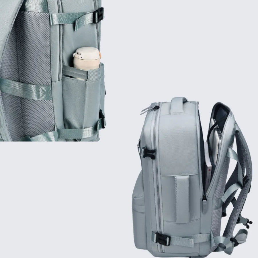 Travel backpack in Air Force Blue with side water bottle pocket and open main compartment showing laptop.