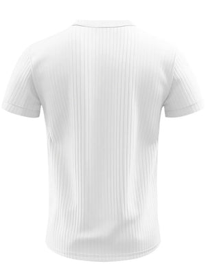 White ribbed cotton short-sleeve tee with a button-down collar.