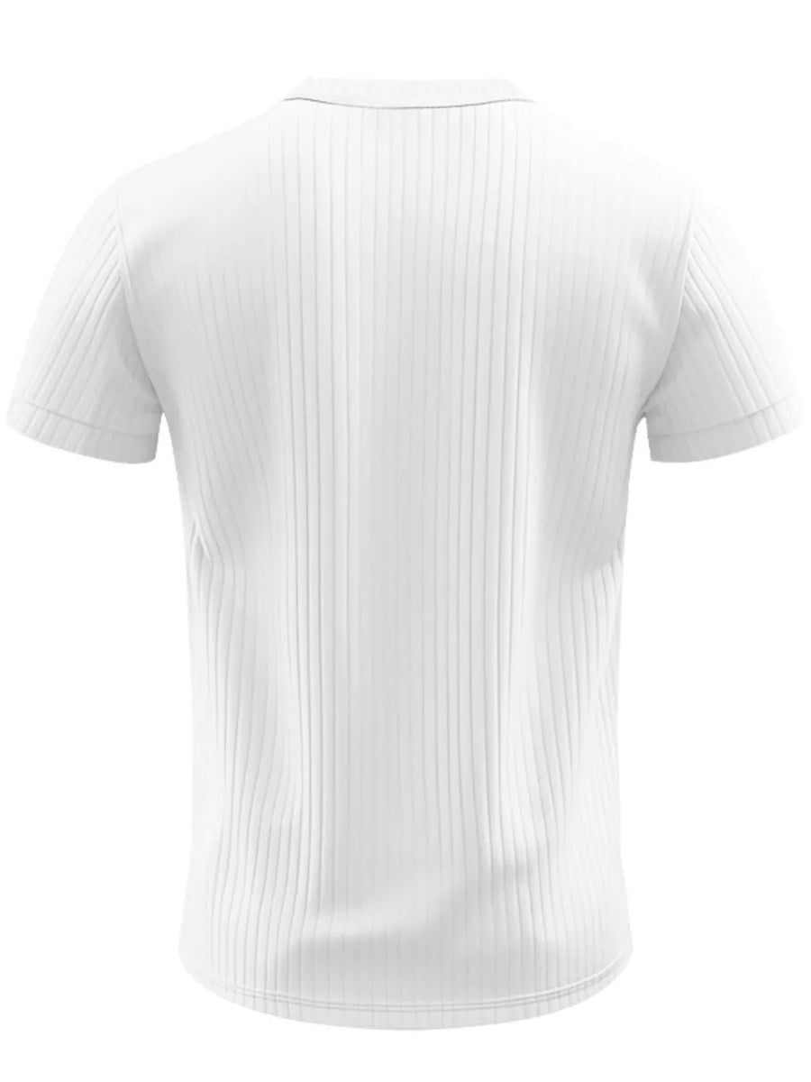 White ribbed cotton short-sleeve tee with a button-down collar.