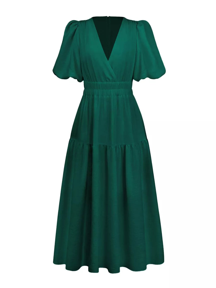 Elegant Puff Sleeve V-neck Midi Dress in White