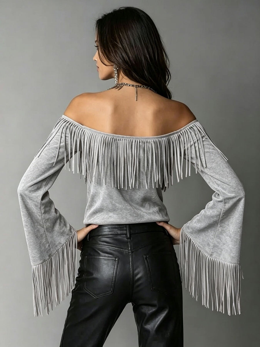 bohemian off-shoulder top in Gray with off-shoulder