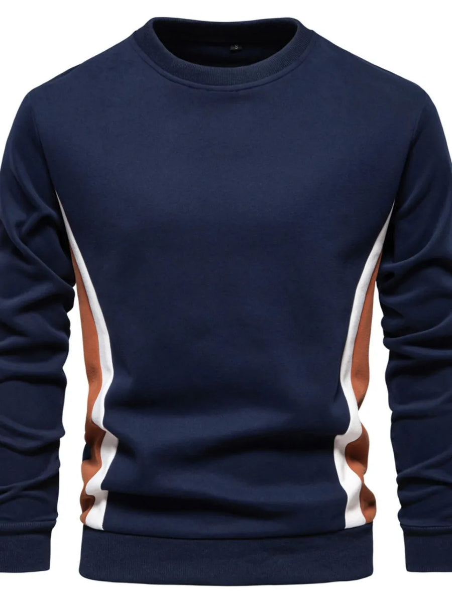 Navy crew neck sweatshirt with white and terracotta side panel details