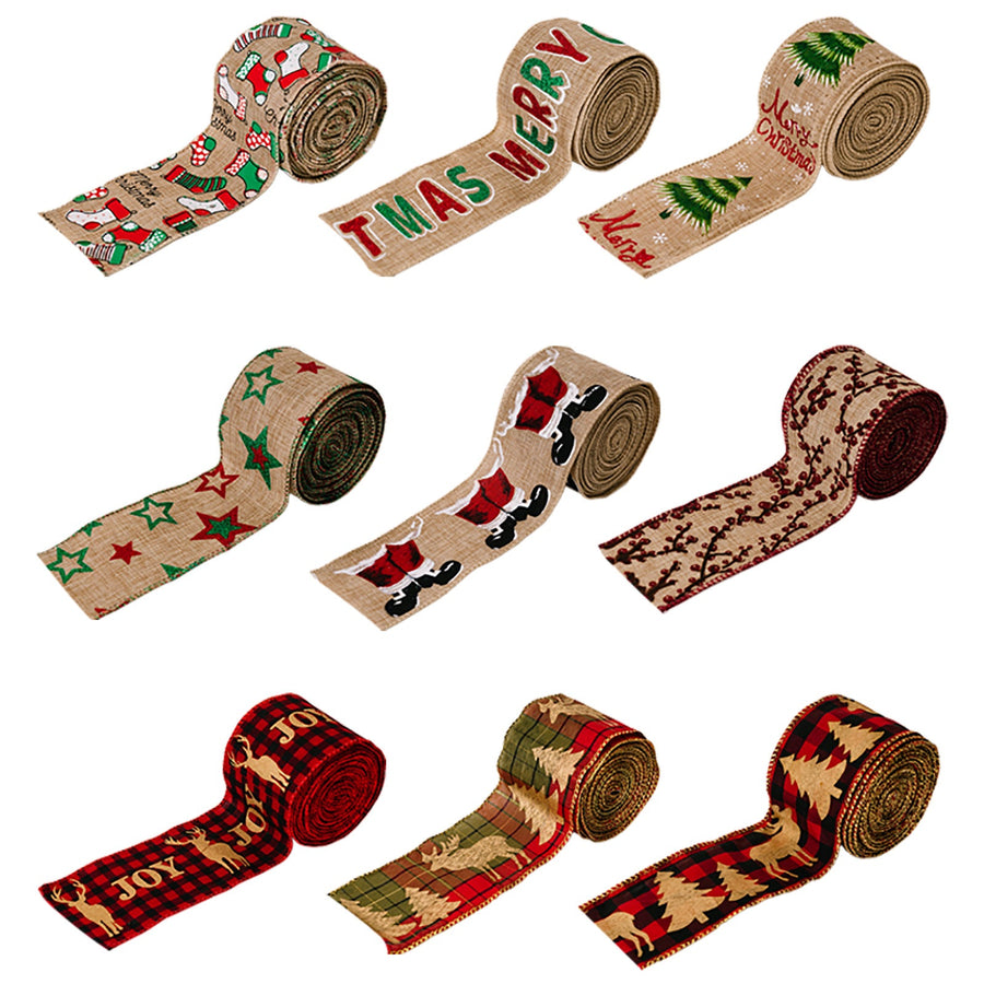 Burlap ribbon collection with festive holiday prints including Santa, trees, and stars.