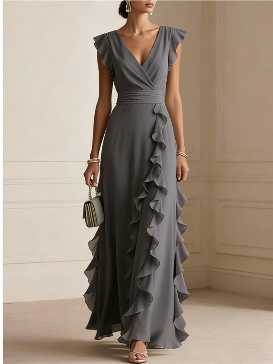 romantic maxi dress in Graphite with deep v-neck