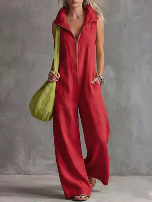 jumpsuit in red featuring pocketed and relaxed fit