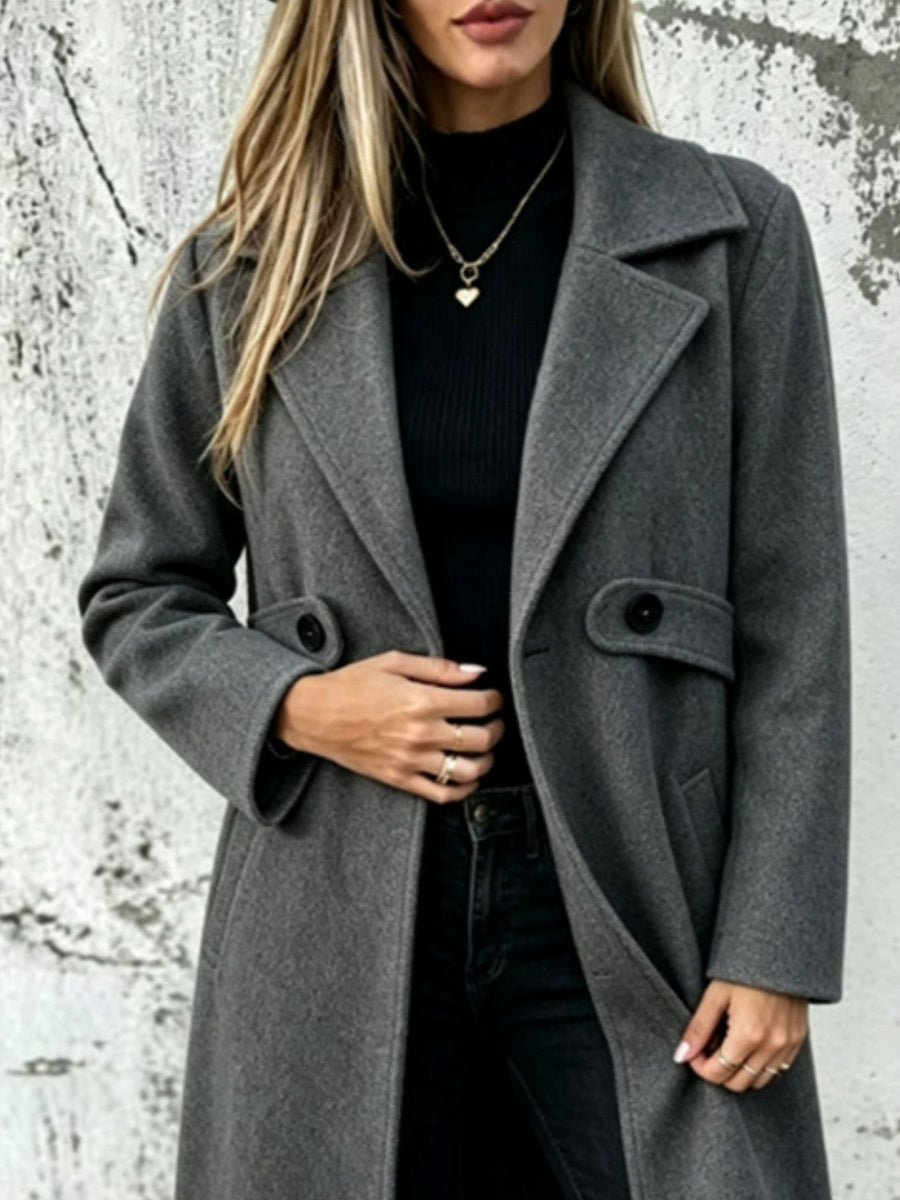 Red overcoat with knee-length and button-front