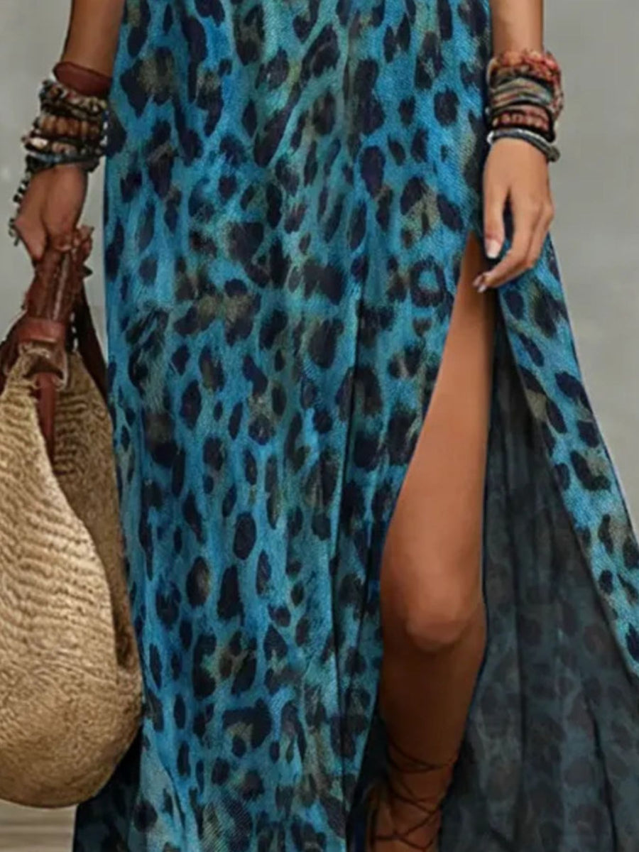 black maxi dress featuring side slit and leopard