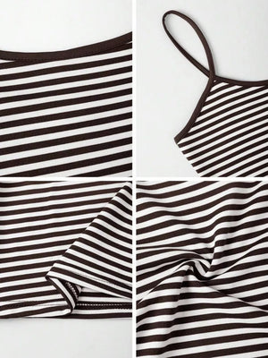 Brown and white striped cami top with dark brown trim and thin straps.
