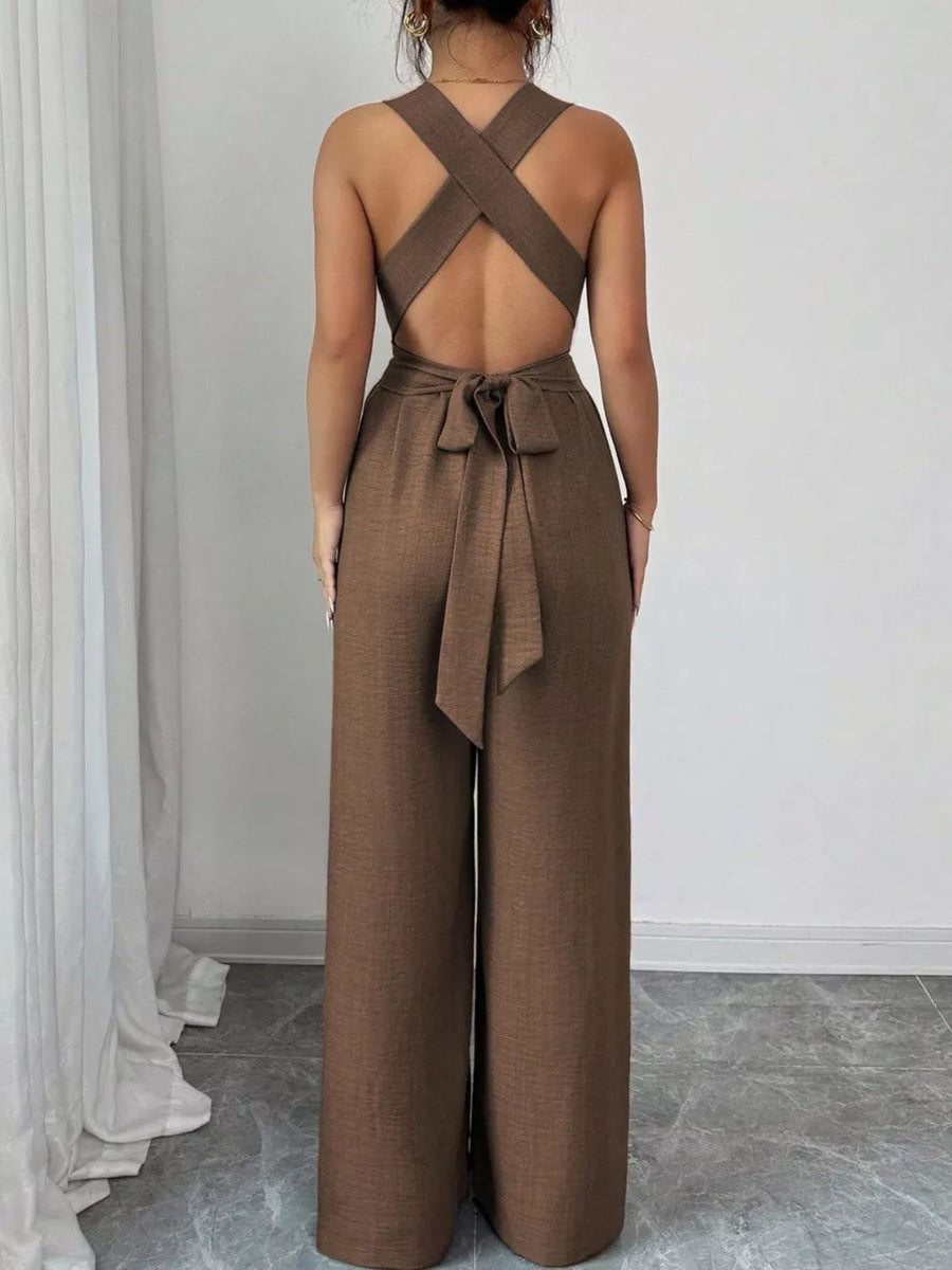 Sleeveless V-neck Wide-leg Jumpsuit in Olive Green with sleeveless