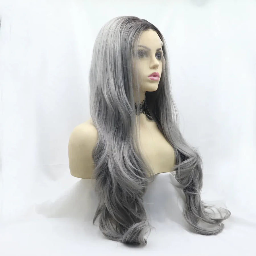 Smokey ombre lace front wig in grey with long, wavy layers.