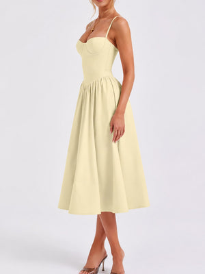 Polyester blend containing at least 50% but less than 70% polyester midi dress in Apricot with fit-and-flare silhouette