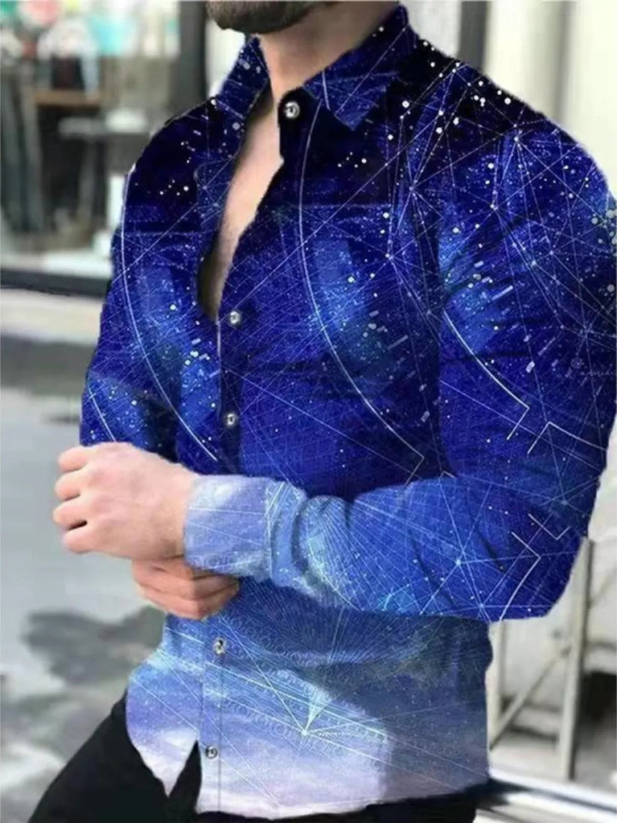 Royal Blue cosmic print stretch button-down shirt with long sleeves.
