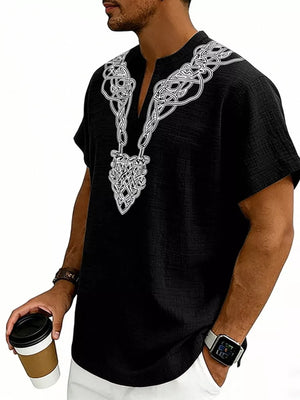 Green Men's Notched Printed Short Sleeve Shirt Plus Size