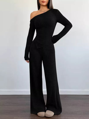 Burgundy Chic One-shoulder Asymmetrical Top & Wide-leg Pants Set