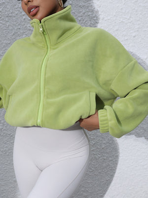 Cozy Fleece Cropped Funnel Neck Jacket in Coffee Brown