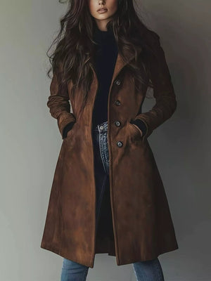 Brown long-sleeve buttoned trench coat with pockets and a classic cut.