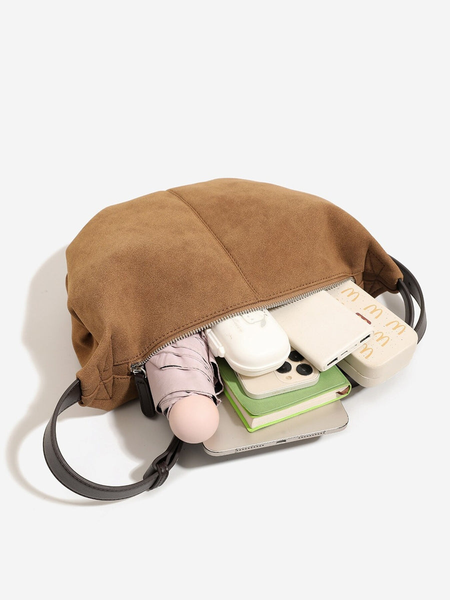 Vintage Suede Crescent Shoulder Bag in camel with adjustable straps