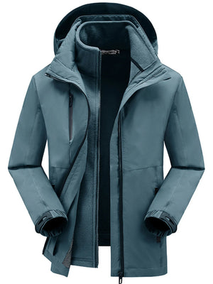 Lake blue hooded zip jacket with fleece lining and zippered pockets.