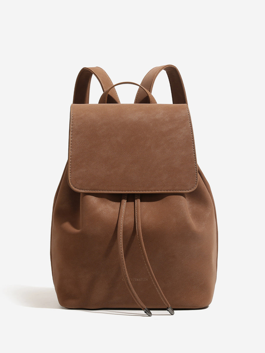 Minimalist Suede Drawstring Backpack in Brown with adjustable straps