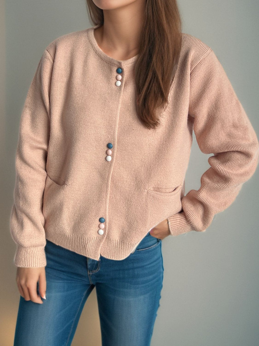 Dusty Pink ribbed knit button-up cardigan with colorful buttons and pockets