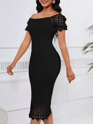 Black lace midi dress with off-the-shoulder neckline and short sleeves.