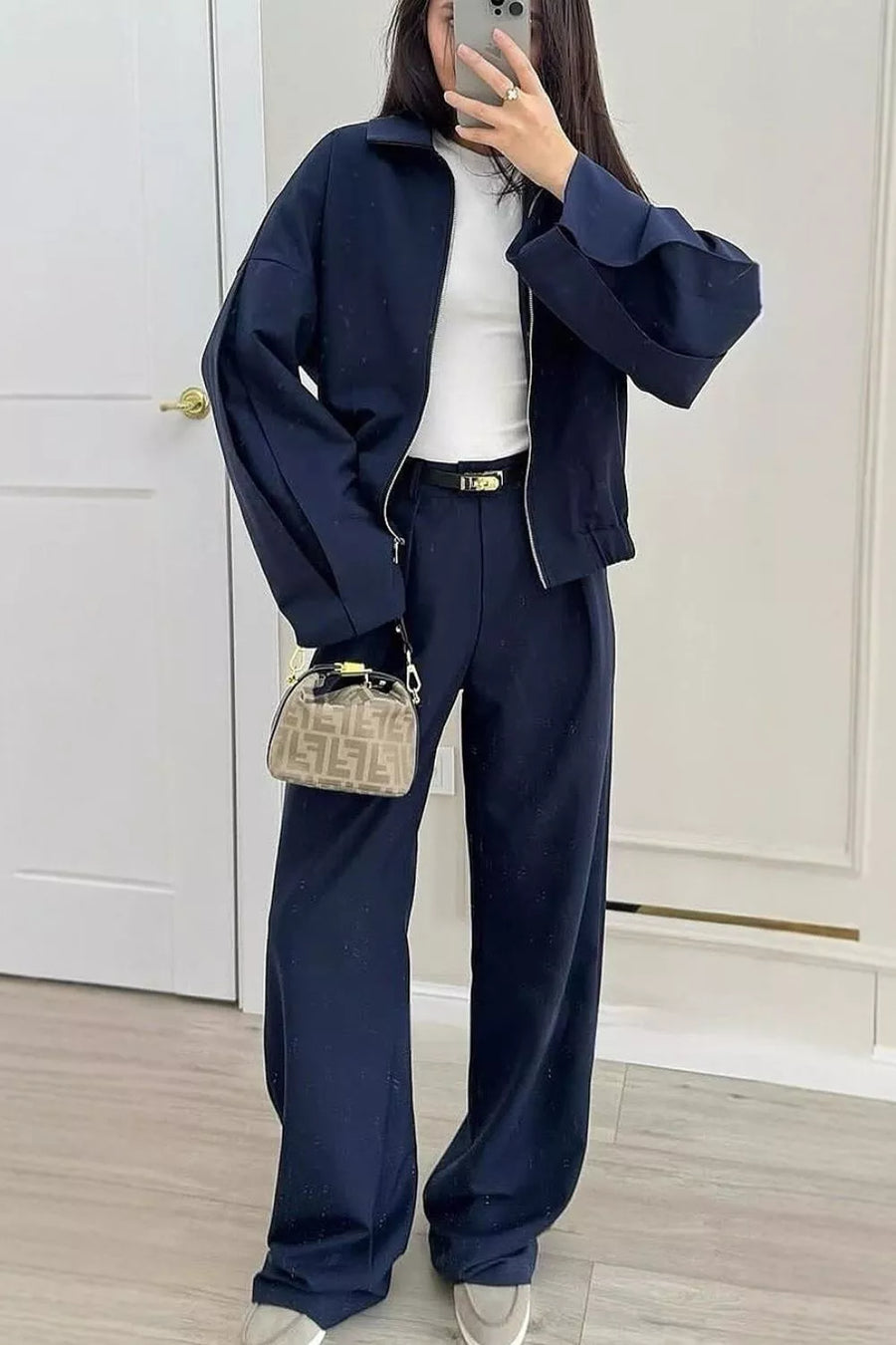 matching set in Taupe with two-piece set and waist-length