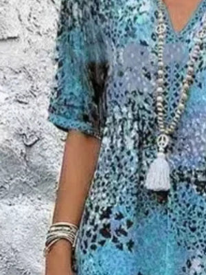 sky blue midi dress featuring pocketed and abstract-print