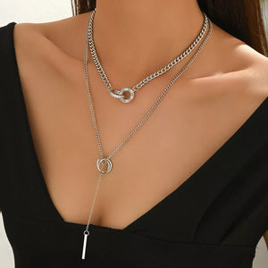 Silver layered Y-shaped pendant necklace with chain and bar detail
