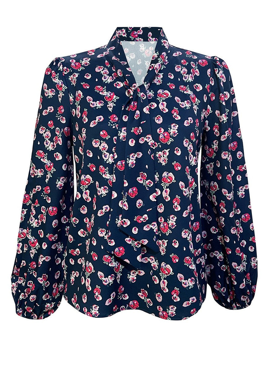 Printed Bow-Tie Neck Long Sleeve Blouse in dark gray