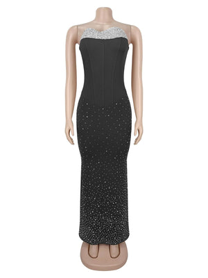 maxi dress in black with rhinestone and maxi