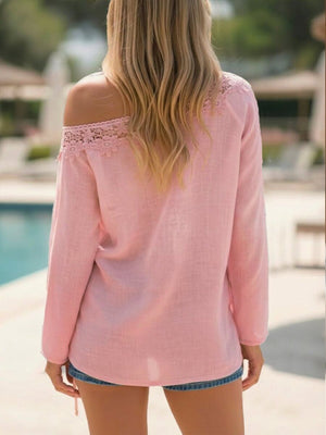 Dusty Pink one-shoulder top featuring lace and floral