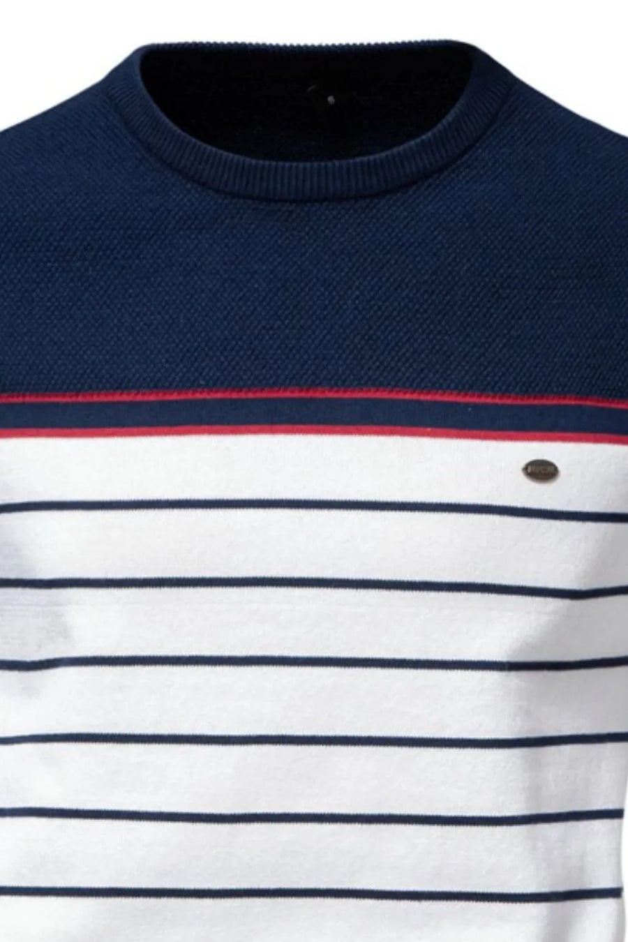 Navy and white striped crewneck sweater with red trim and textured knit upper.