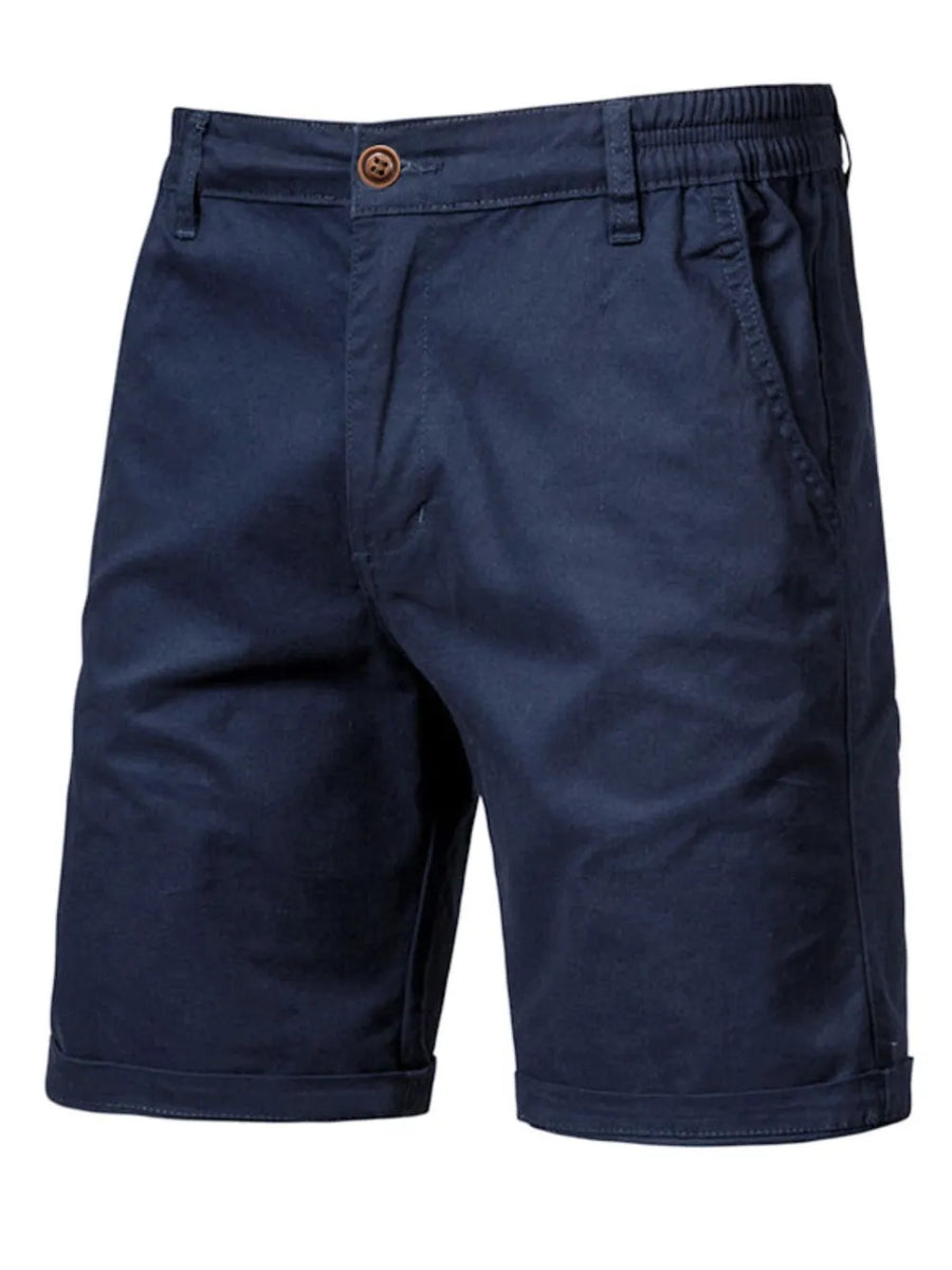 Navy relaxed-fit chino shorts with elastic waist and button closure.