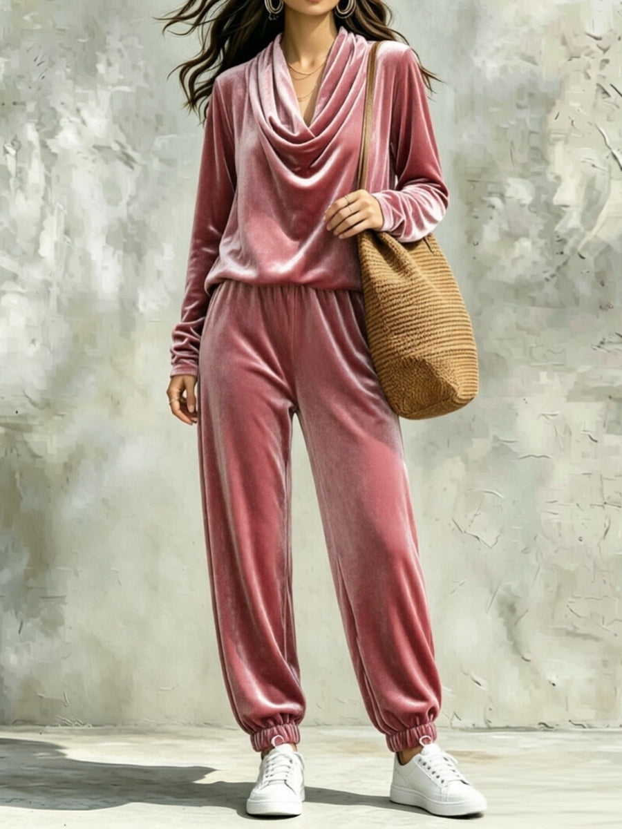 pajama set in dusty rose featuring cowl neck and relaxed fit