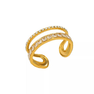 Opulent gold-plated open ring with dual bands, one lined with square-cut rhinestones and the other with round-cut