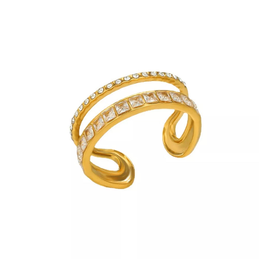 Opulent gold-plated open ring with dual bands, one lined with square-cut rhinestones and the other with round-cut