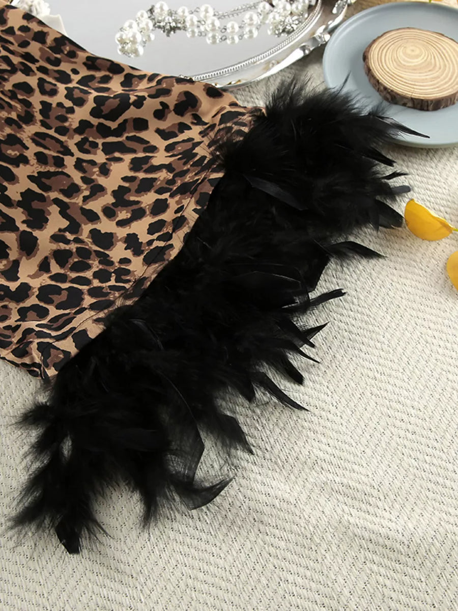 Leopard Print Feather-trimmed Lounge Robe in Leopard with belted
