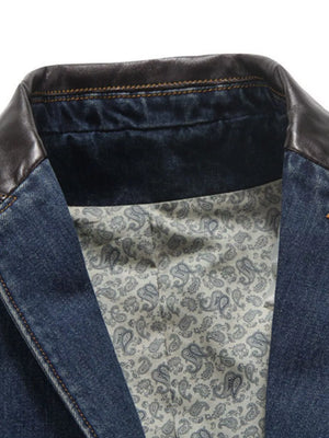 Men's denim blazer with faux leather collar and paisley lining